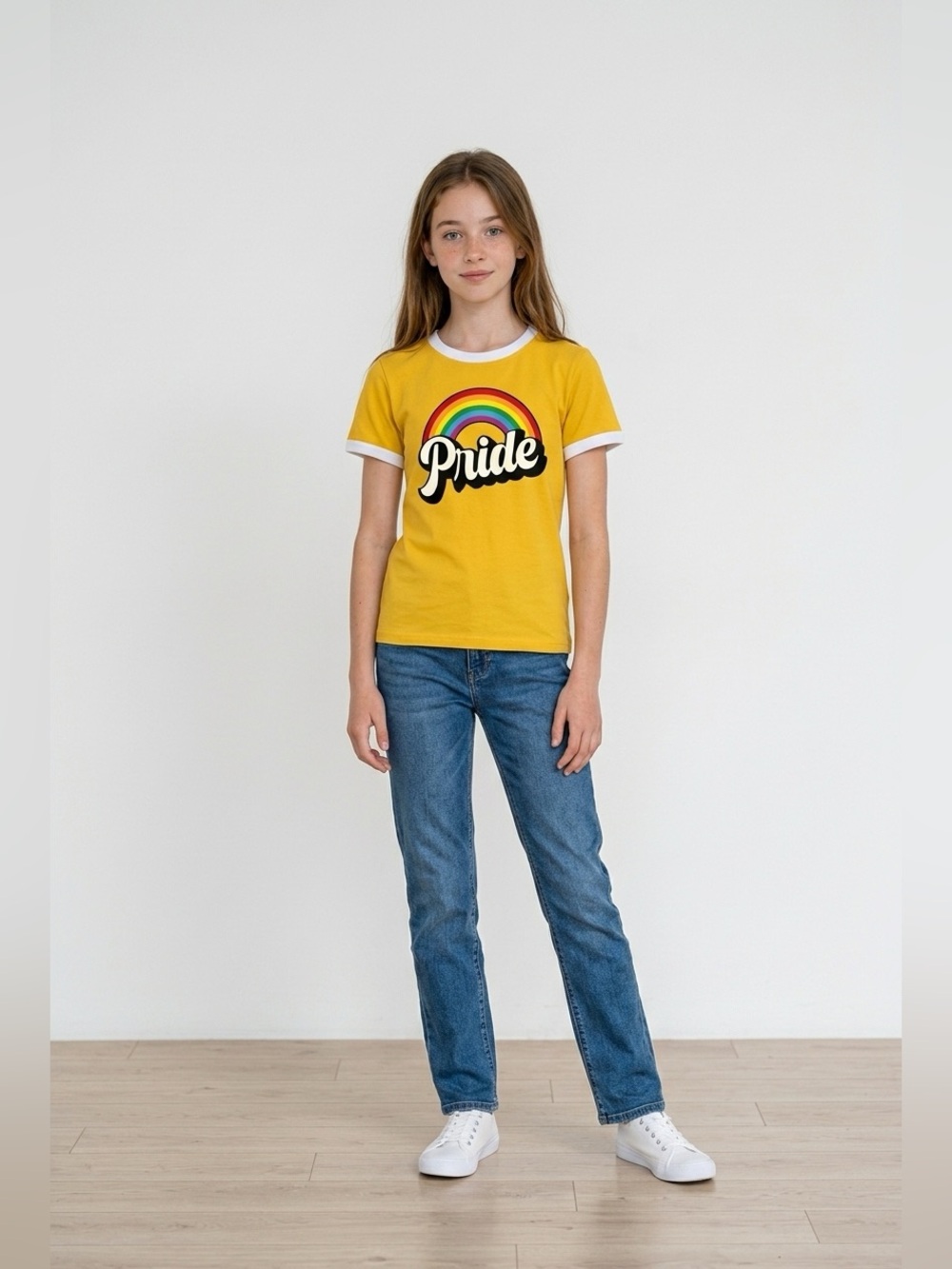 Kids Pride Shirt Rainbow Graphic Yellow Short Sleeve Tee Size 9-10 NWOT